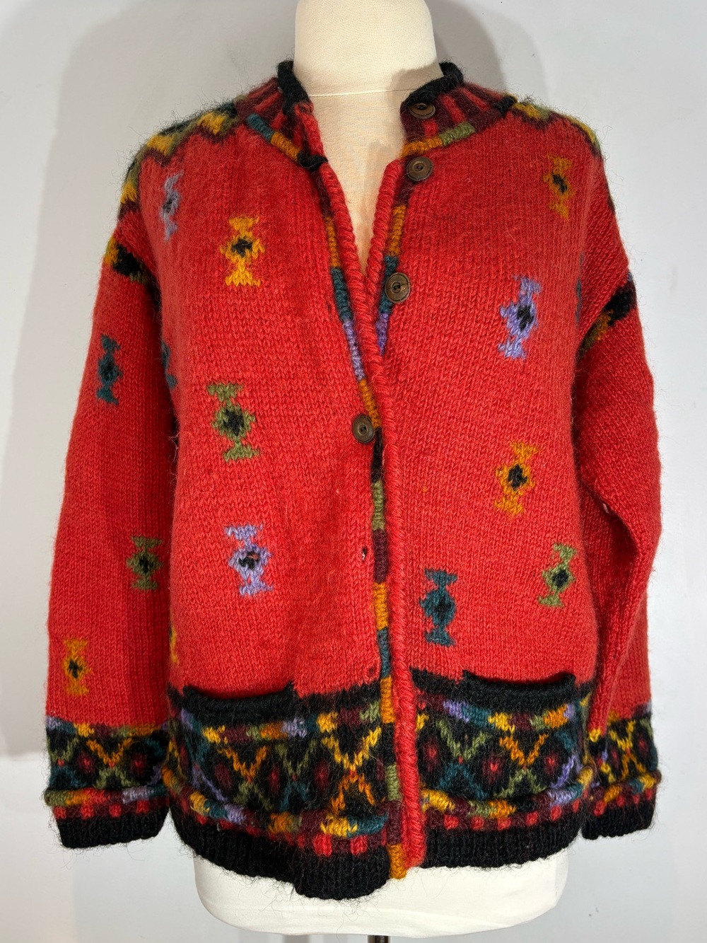 Newari by Icelandic Design Wool Cardigan Red Patterned Medium